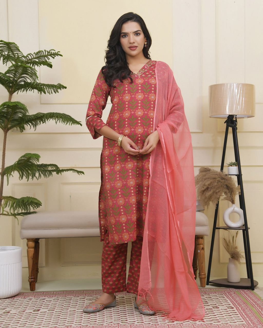 Vaasva Women Maroon Cotton Kurta With Cotton Pant & Dupatta