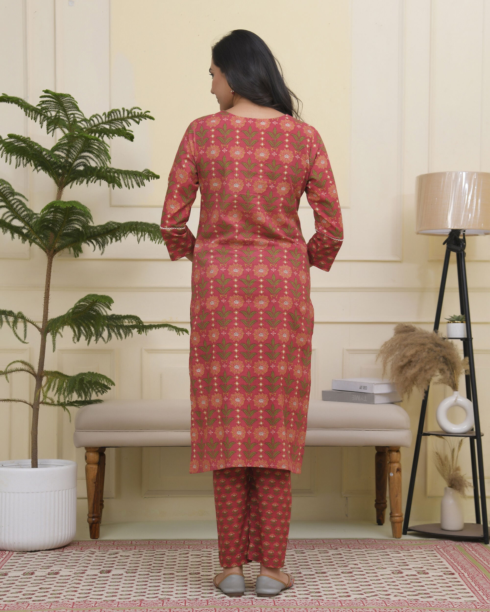 Vaasva Women Maroon Cotton Kurta With Cotton Pant & Dupatta