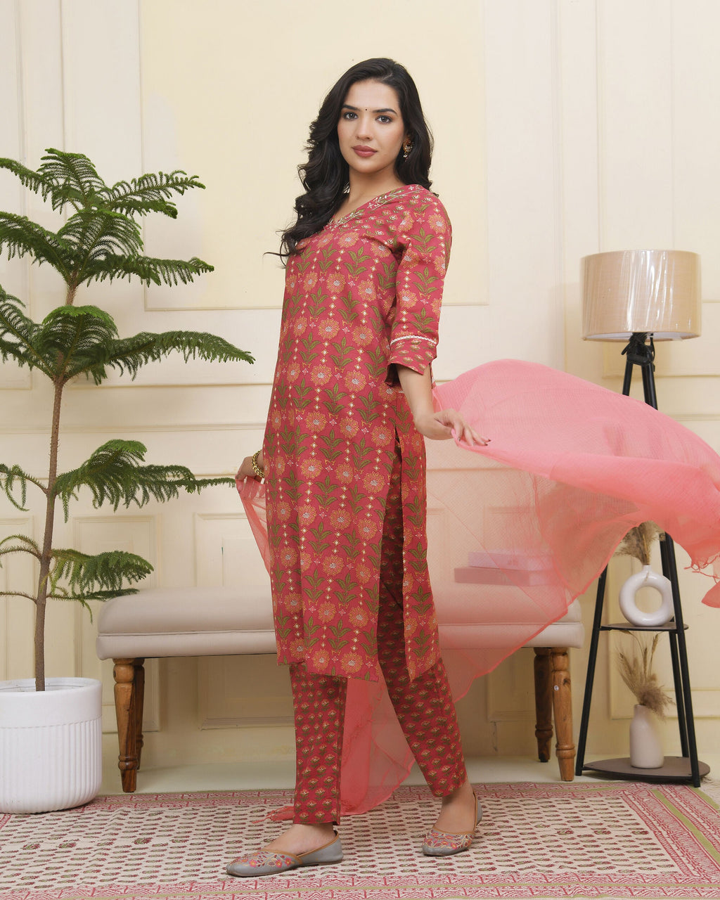 Vaasva Women Maroon Cotton Kurta With Cotton Pant & Dupatta