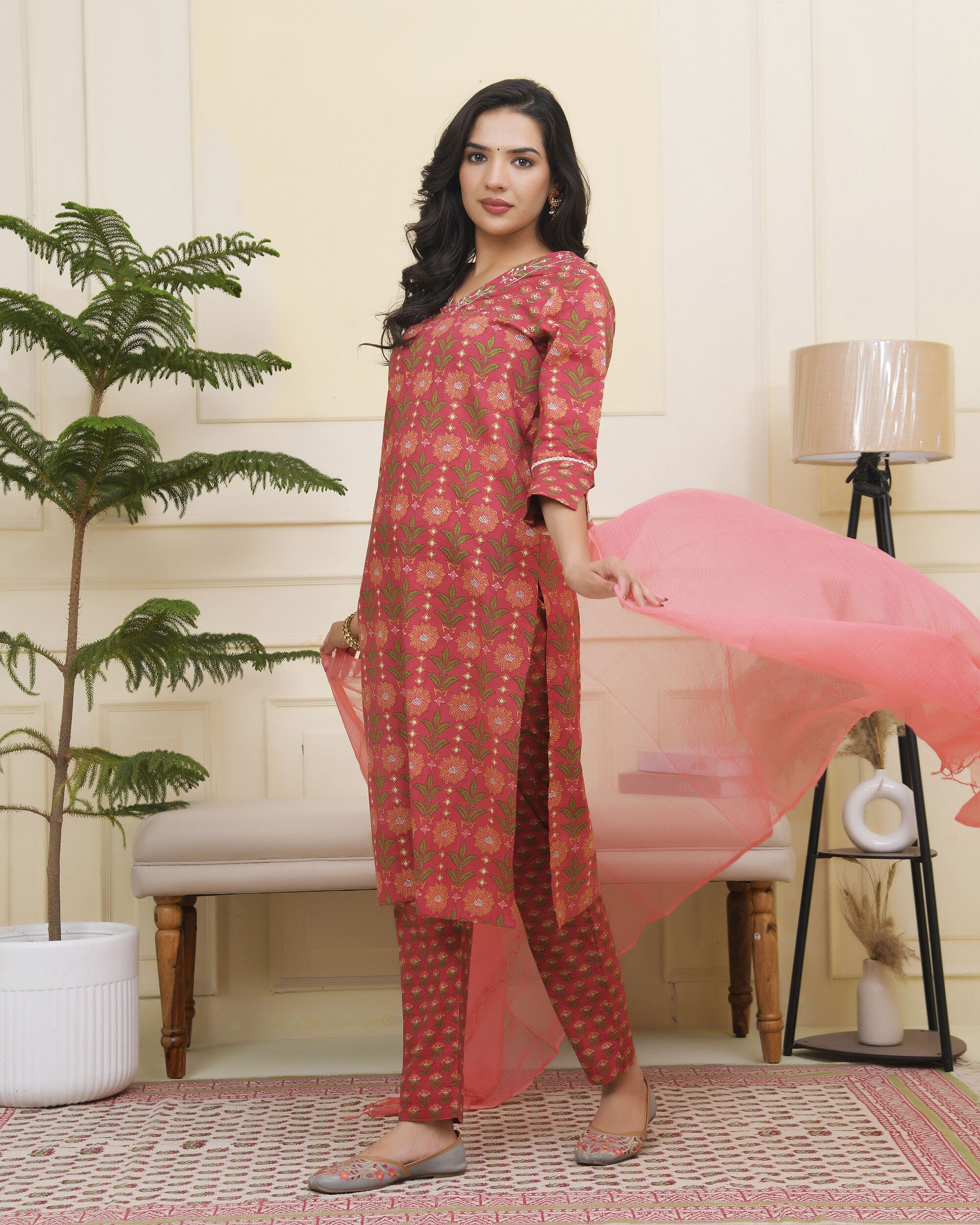 Vaasva Women Maroon Cotton Kurta With Cotton Pant & Dupatta