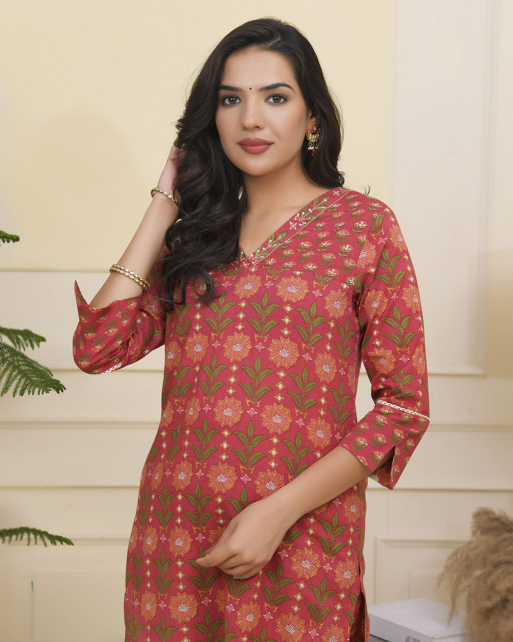 Vaasva Women Maroon Cotton Kurta With Cotton Pant & Dupatta