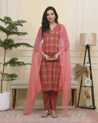 Vaasva Women Maroon Cotton Kurta With Cotton Pant & Dupatta