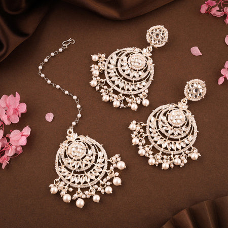 Tehzeeb Creations Gold-Polished Traditional Chandbali Drop Kundan & Pearl Earring With Tikka For Women