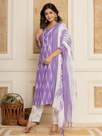 Yufta Purple Ikat Print Straight Strappy Kurta Trouser And Dupatta Set