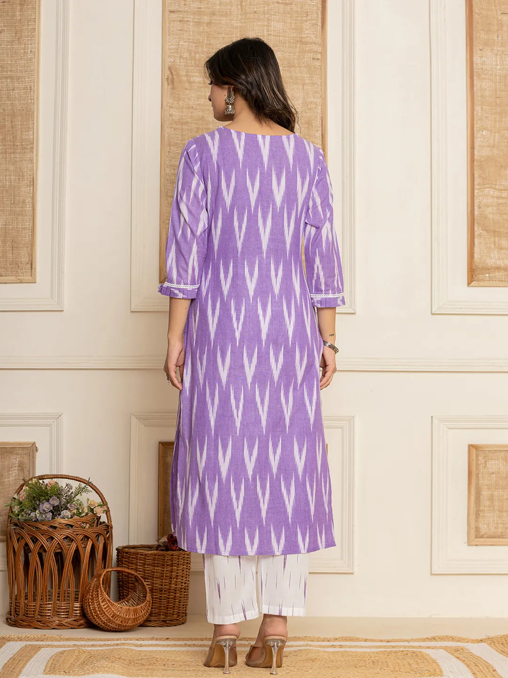 Yufta Purple Ikat Print Straight Strappy Kurta Trouser And Dupatta Set