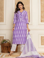 Yufta Purple Ikat Print Straight Strappy Kurta Trouser And Dupatta Set