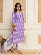 Yufta Purple Ikat Print Straight Strappy Kurta Trouser And Dupatta Set