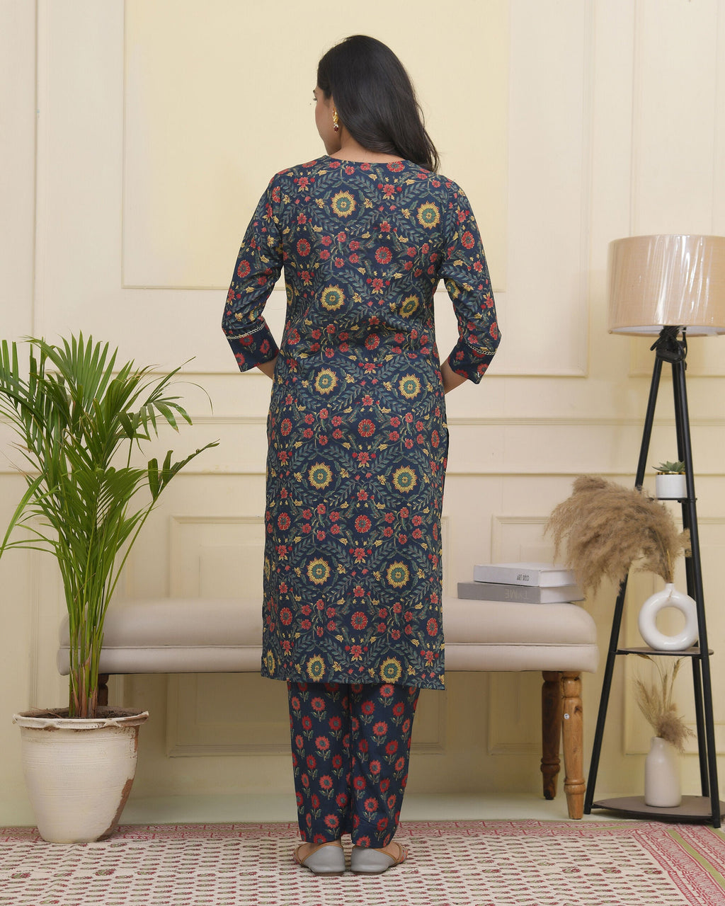 Vaasva Women Navy Cotton Kurta With Cotton Pant & Dupatta