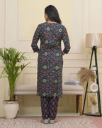 Vaasva Women Navy Cotton Kurta With Cotton Pant & Dupatta
