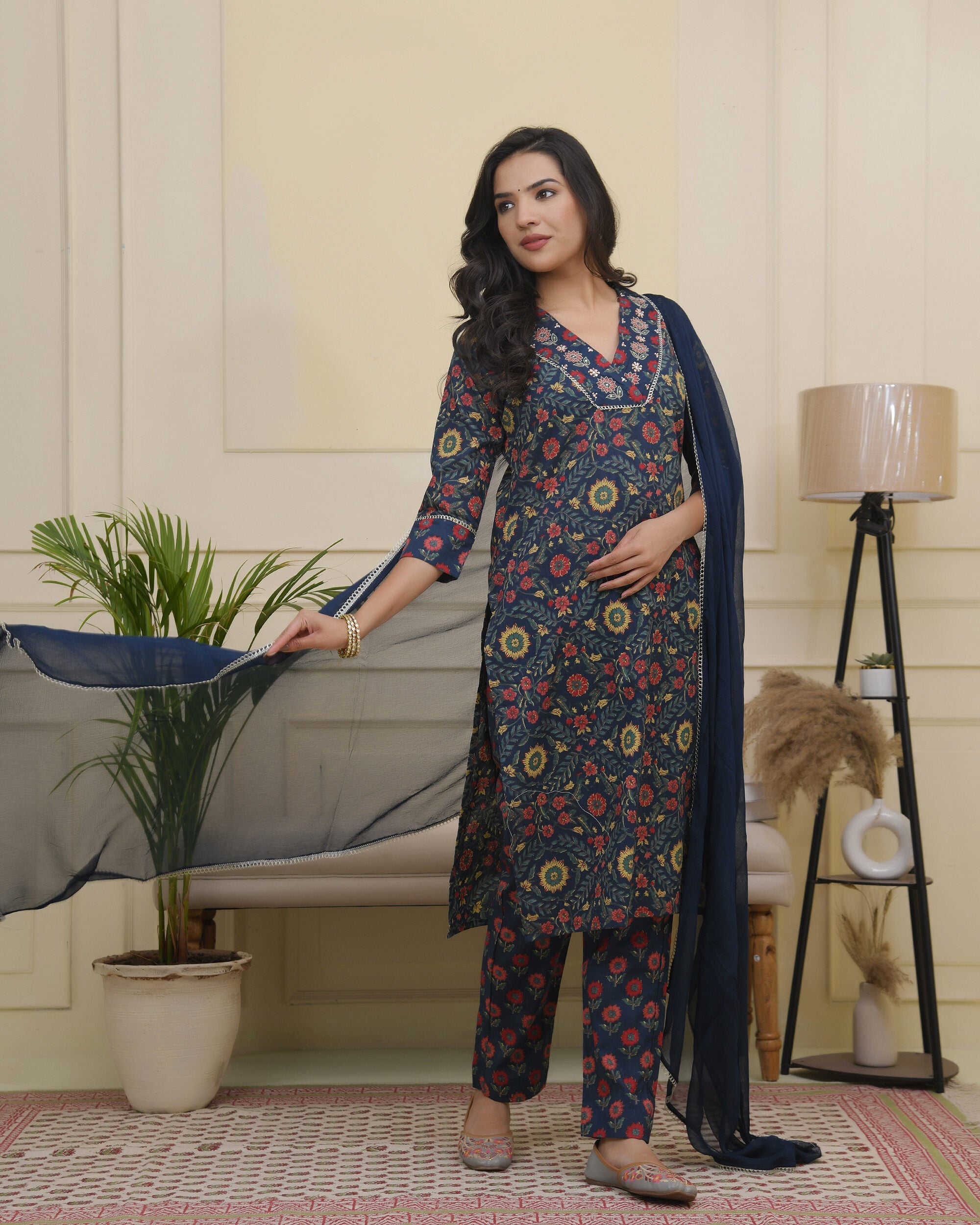 Vaasva Women Navy Cotton Kurta With Cotton Pant & Dupatta