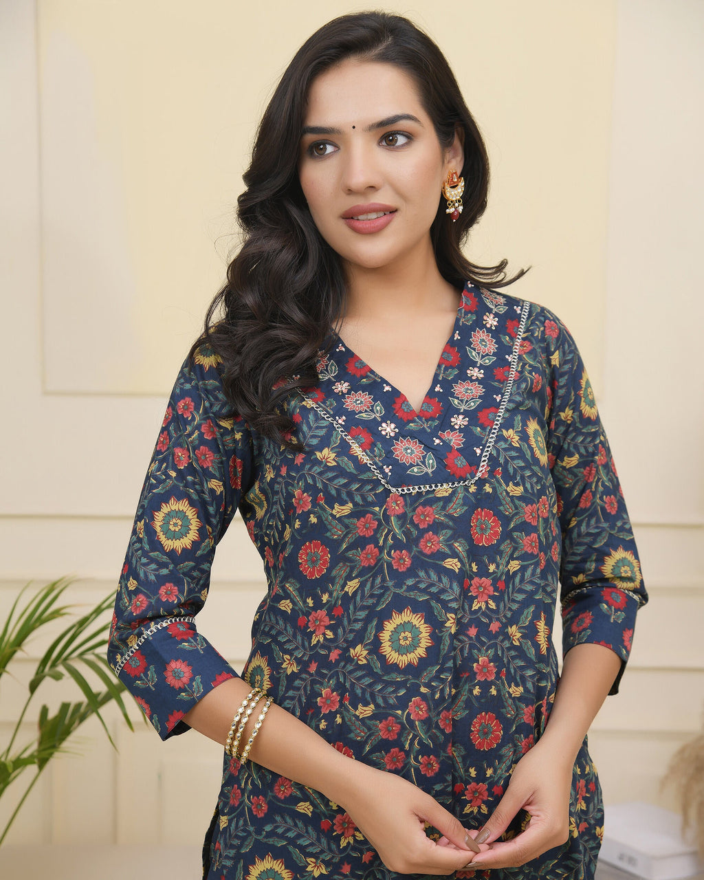 Vaasva Women Navy Cotton Kurta With Cotton Pant & Dupatta