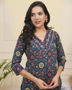 Vaasva Women Navy Cotton Kurta With Cotton Pant & Dupatta