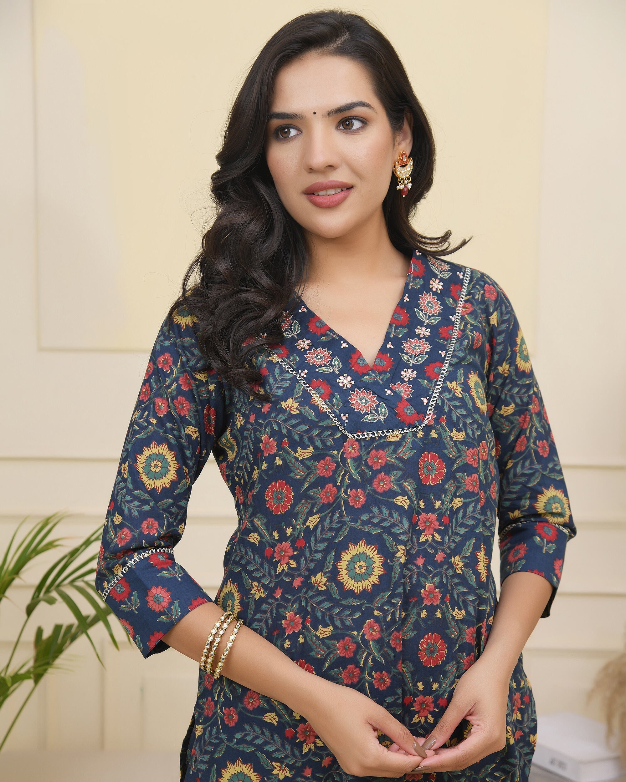Vaasva Women Navy Cotton Kurta With Cotton Pant & Dupatta