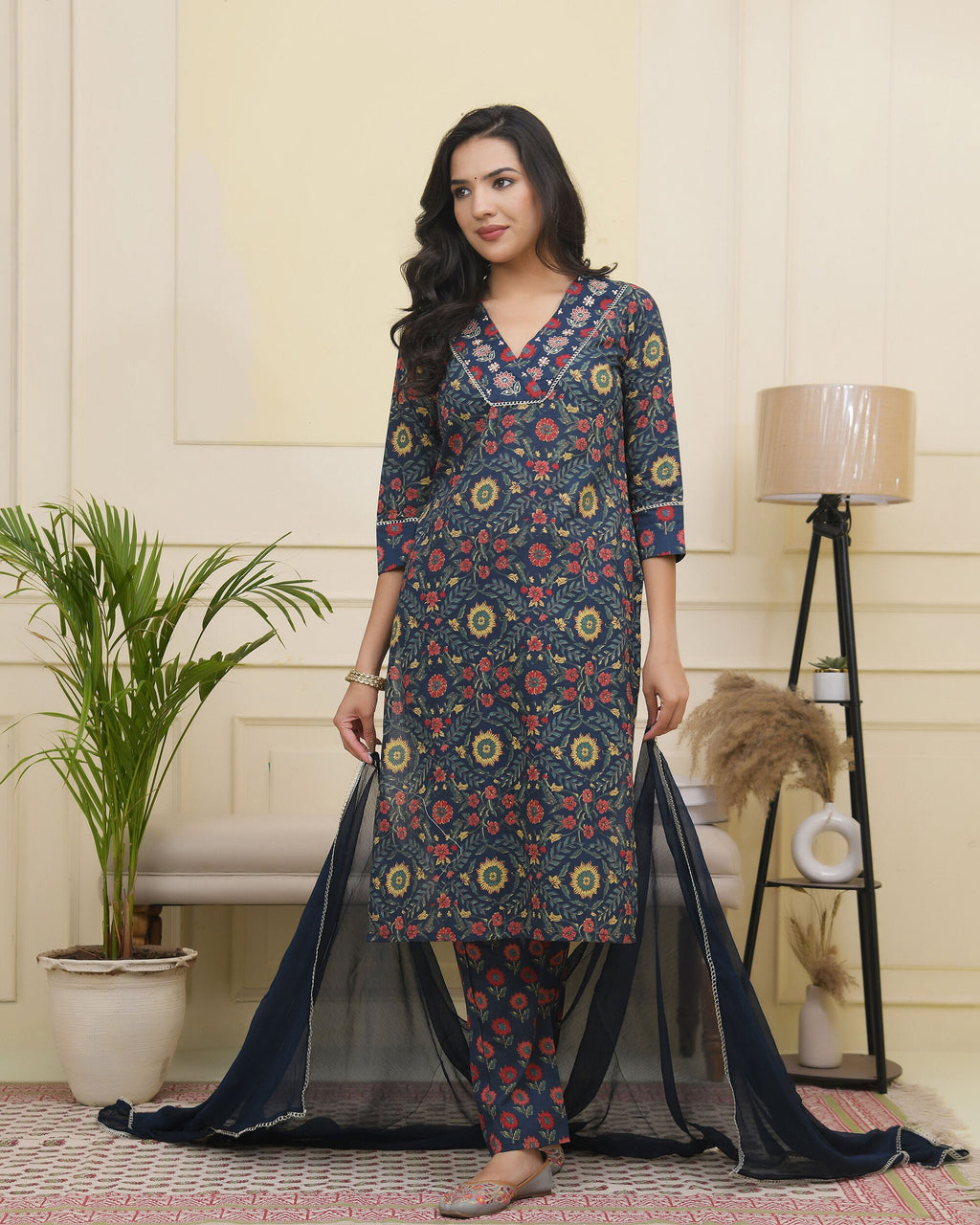 Vaasva Women Navy Cotton Kurta With Cotton Pant & Dupatta
