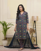 Vaasva Women Navy Cotton Kurta With Cotton Pant & Dupatta