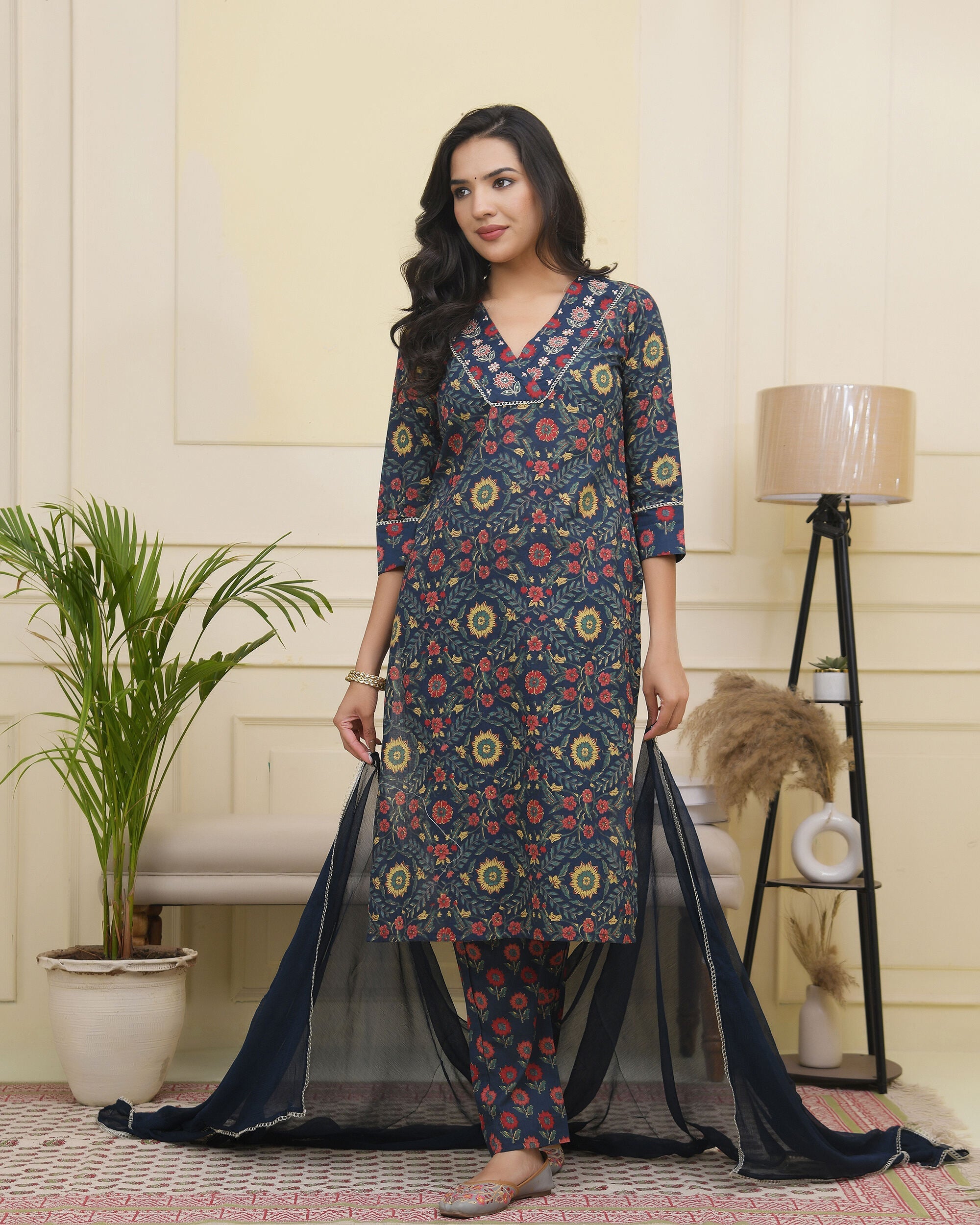 Vaasva Women Navy Cotton Kurta With Cotton Pant & Dupatta