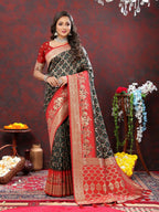 Vastranavya Black Soft Patola Silk With Meenakari Weaving Motifs And Rich Zari Weaving Pallu Saree With Matching Blouse Fabric
