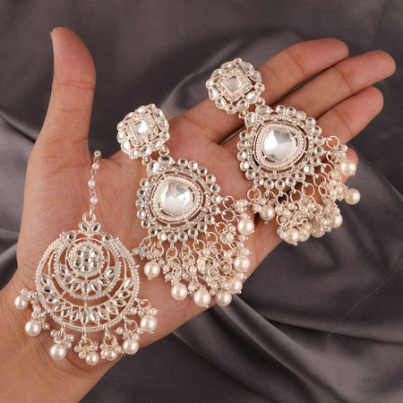 Tehzeeb Creations White Gold Trending Style Drop & Danglers Earring With Tikka For Girls & Women Diamond, Pearl Brass Drops