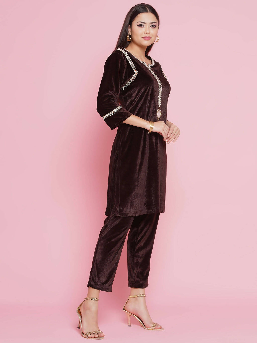 Women Republic Brown Velvet Embellished Co-Ord Set - Distacart