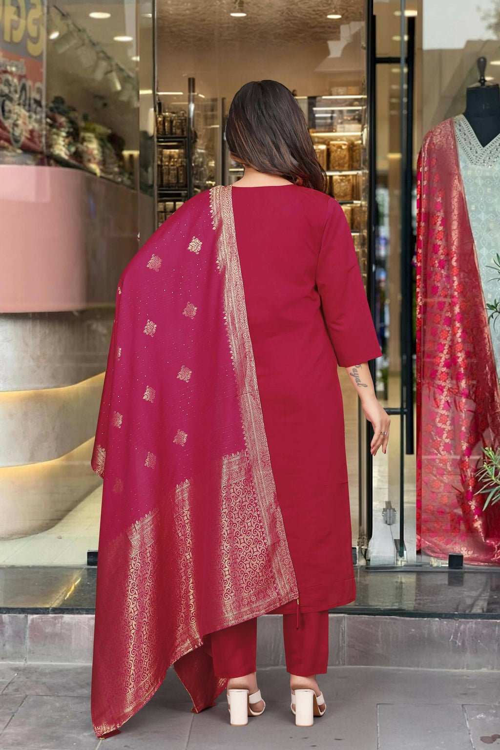 The52 Maroon Beautiful Embroidered Viscose Chanderi Fabric Straight Kurta Pant with Dupatta Set - Distacart