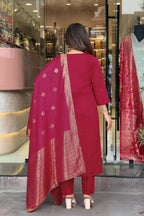 The52 Maroon Beautiful Embroidered Viscose Chanderi Fabric Straight Kurta Pant with Dupatta Set - Distacart
