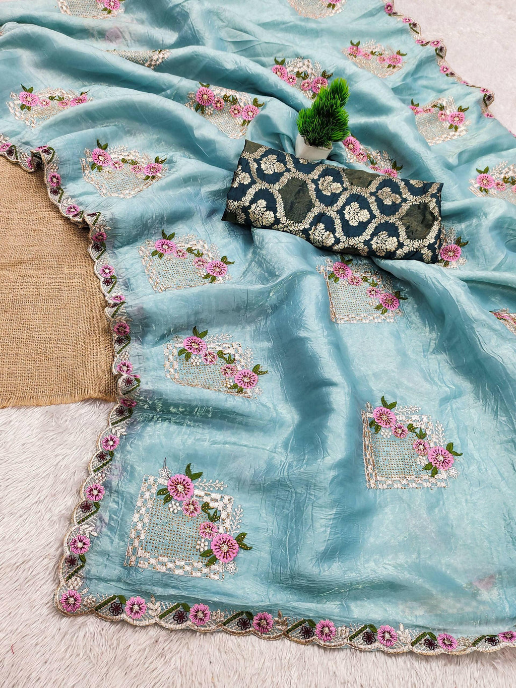 Teeya Creation Sky Color Pure Paper Silk Heavy Embroidery Work Wedding Wear Saree - Distacart