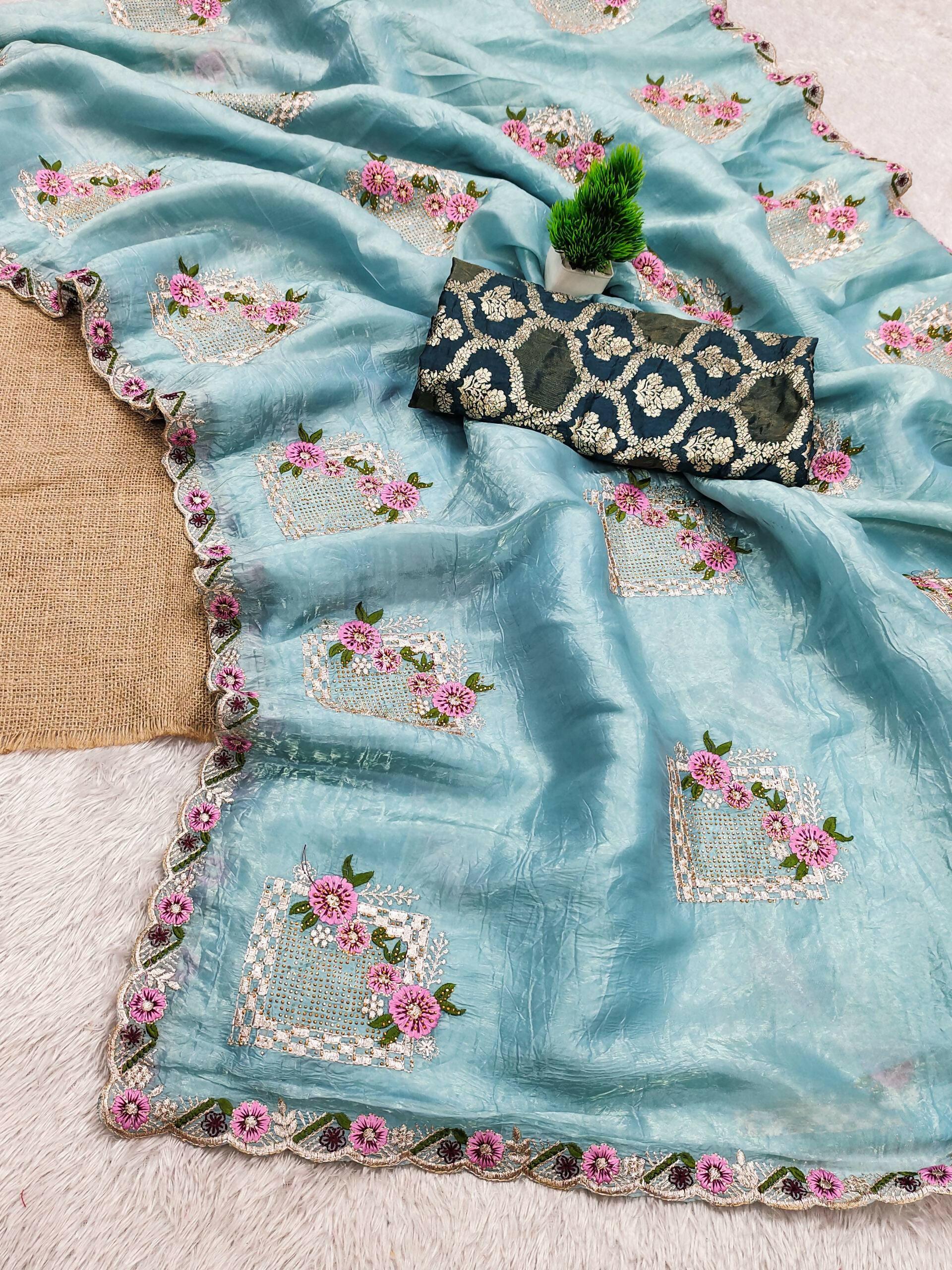 Teeya Creation Sky Color Pure Paper Silk Heavy Embroidery Work Wedding Wear Saree - Distacart