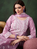 Sangria Lavender Floral Embroidered Thread Work Cotton Kurta & Trouser With Dupatta