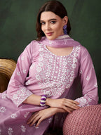 Sangria Lavender Floral Embroidered Thread Work Cotton Kurta & Trouser With Dupatta