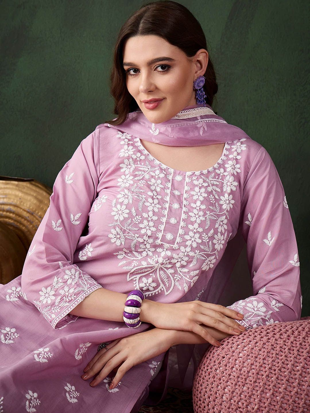 Sangria Lavender Floral Embroidered Thread Work Cotton Kurta & Trouser With Dupatta