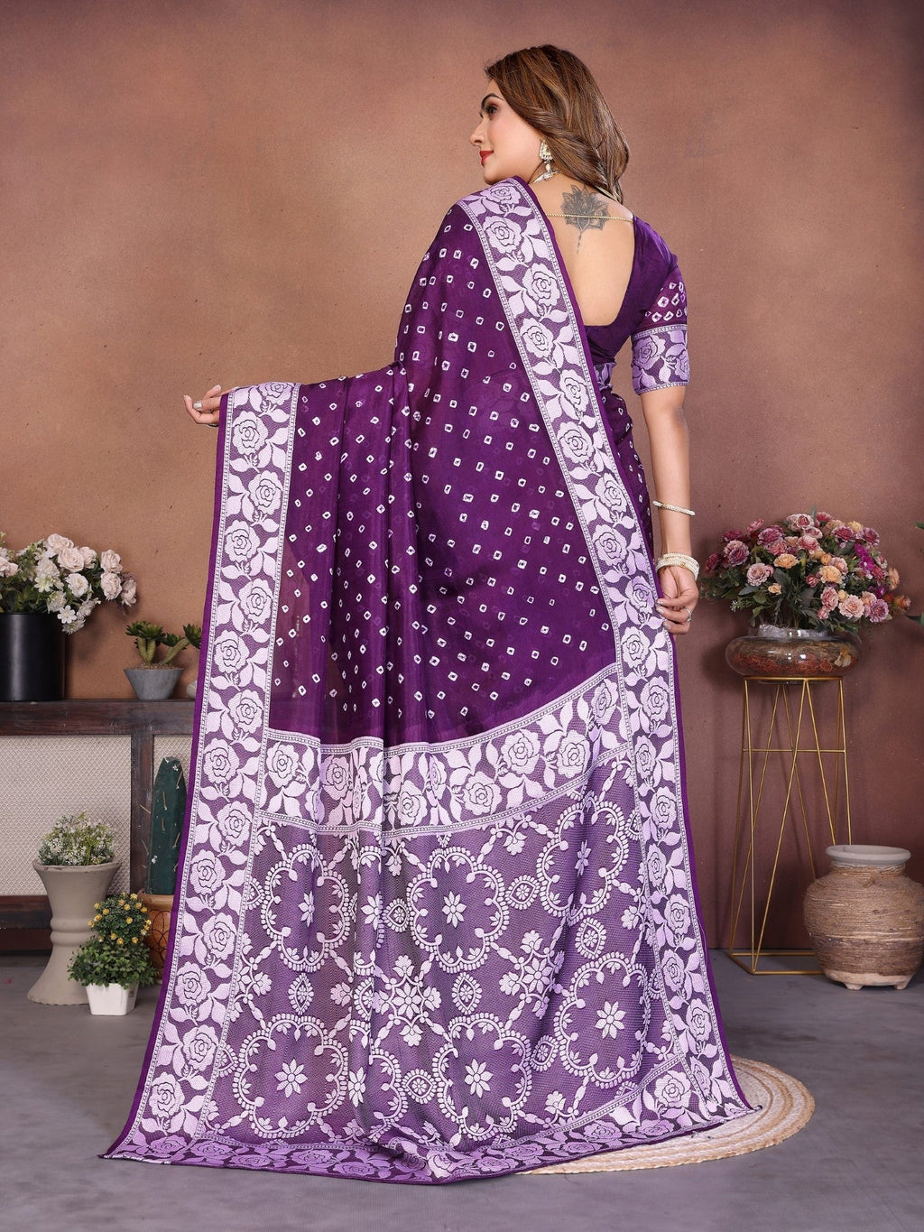 Anaita Dark Purple Handmade Bandhej Viscose Silk Saree With Blouse - Distacart