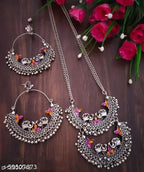 Tehzeeb Creations Women's Silver Colour Oxidised Necklace And Earrings With Peacock Design
