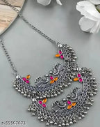 Tehzeeb Creations Women's Silver Colour Oxidised Necklace And Earrings With Peacock Design