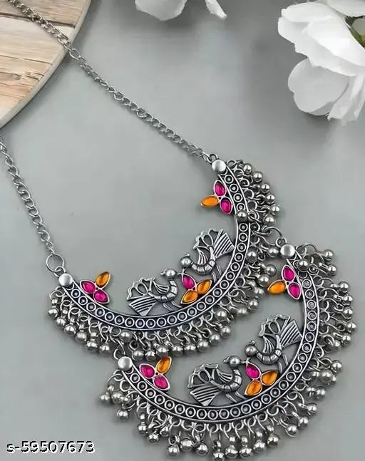 Tehzeeb Creations Women's Silver Colour Oxidised Necklace And Earrings With Peacock Design