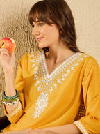 Indo Era Floral Yoke Design V-Neck Straight Kurta With Trousers & Dupatta - Distacart
