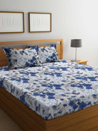 BOMBAY DYEING Blue & White Floral Cotton 144 TC King Bedsheet With 2 Pillow Covers
