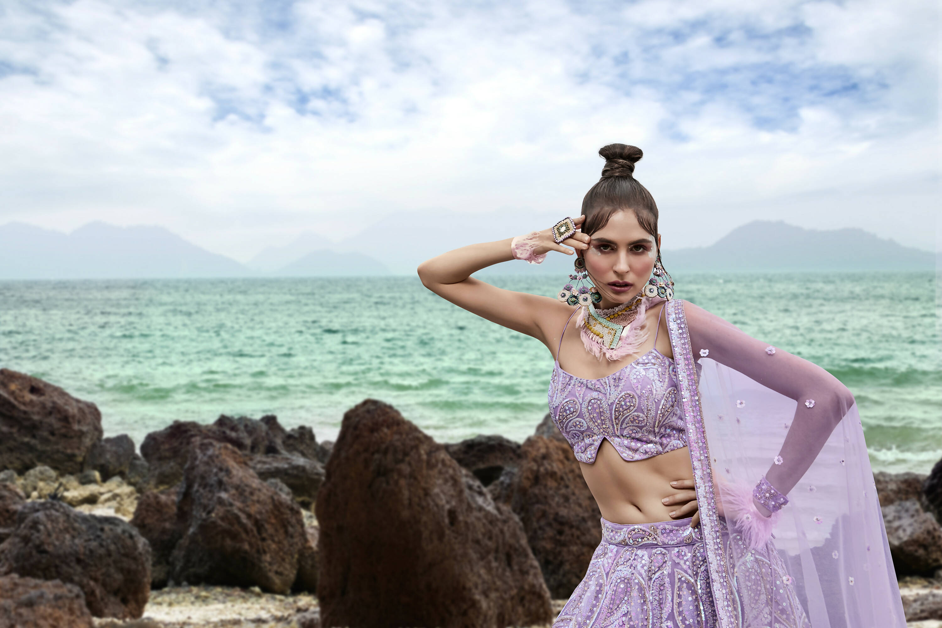 House of Panchhi Mauve Net Multi Sequins with heavy Zarkan embroidery Lehenga choli & Dupatta