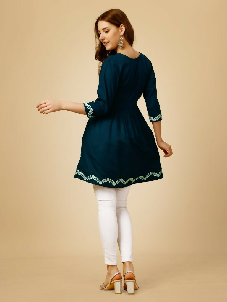 Jyoti Fashion Women's Blue Viscose Rayon Embroidered Casual Top
