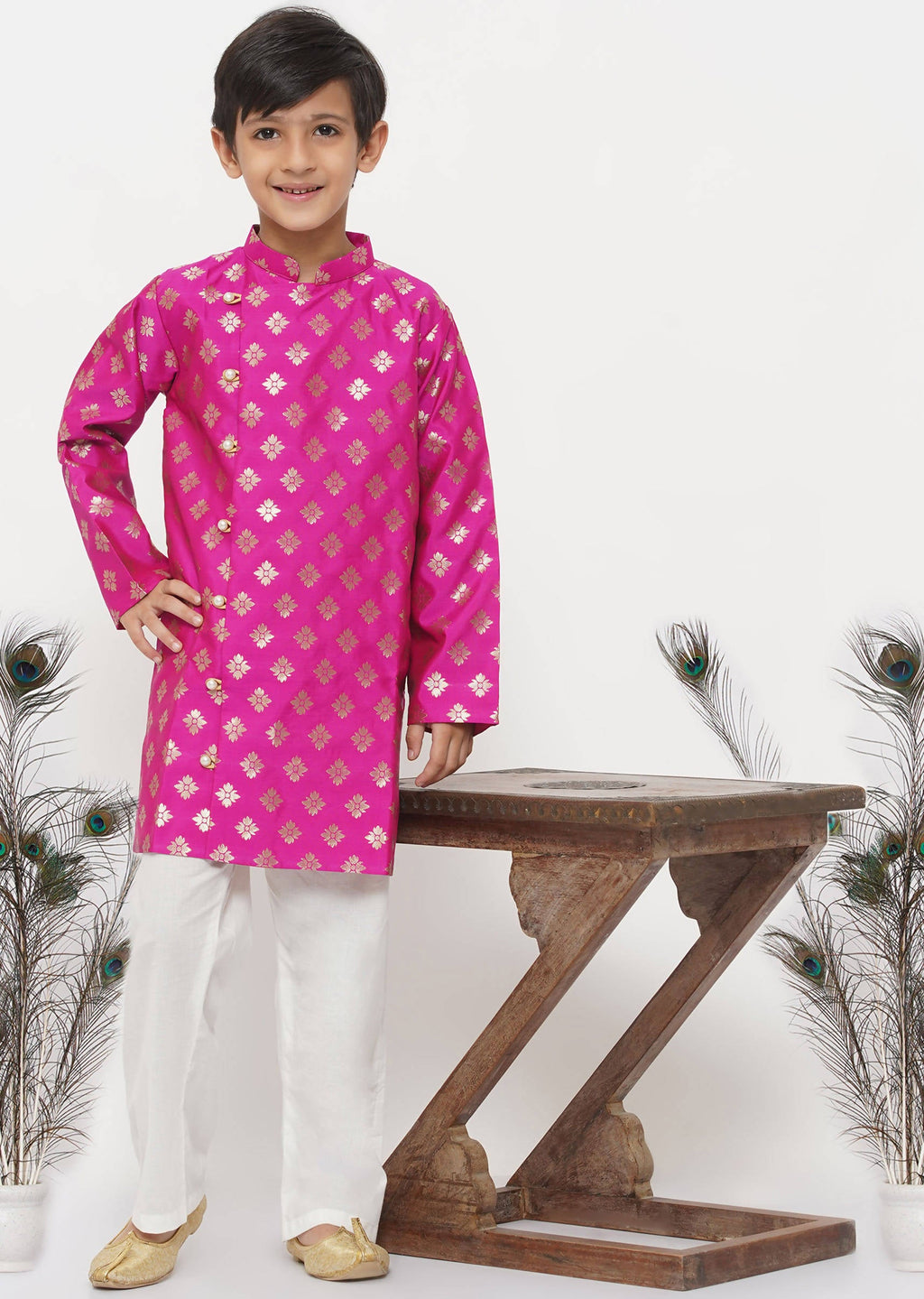 Little Bansi Boys Banarsi Silk Sherwani & Pyjama - Magenta & Cream