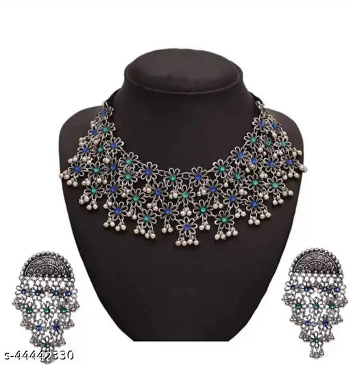 Tehzeeb Creations Women's Silver Colour Oxidised Necklace And Earring With Multi Beads
