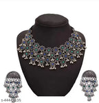 Tehzeeb Creations Women's Silver Colour Oxidised Necklace And Earring With Multi Beads
