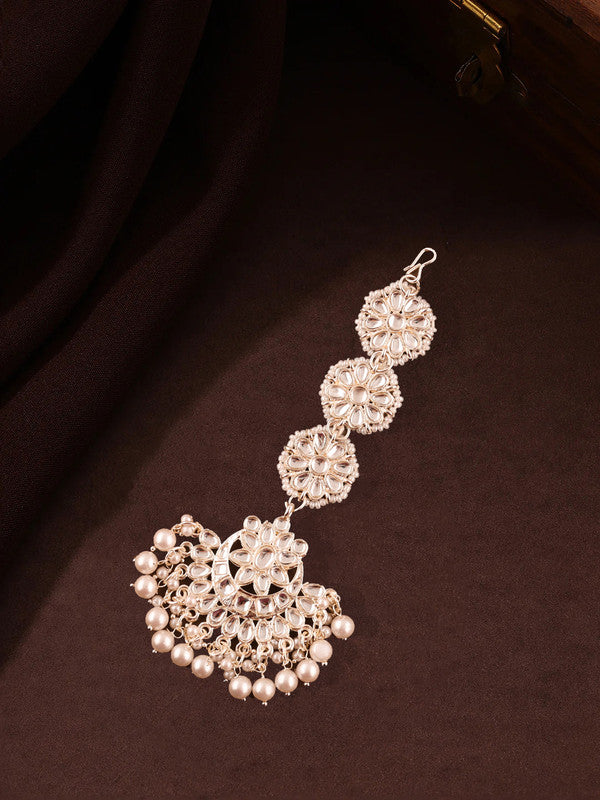 Tehzeeb Creations White Gold Trending Style Drop & Danglers Earring With Tikka For Girls & Women Diamond, Pearl Brass Drops - Distacart