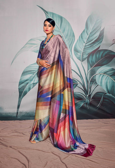 Anaita Purple Pure Satin Silk With Zari Weaving Saree With Blouse