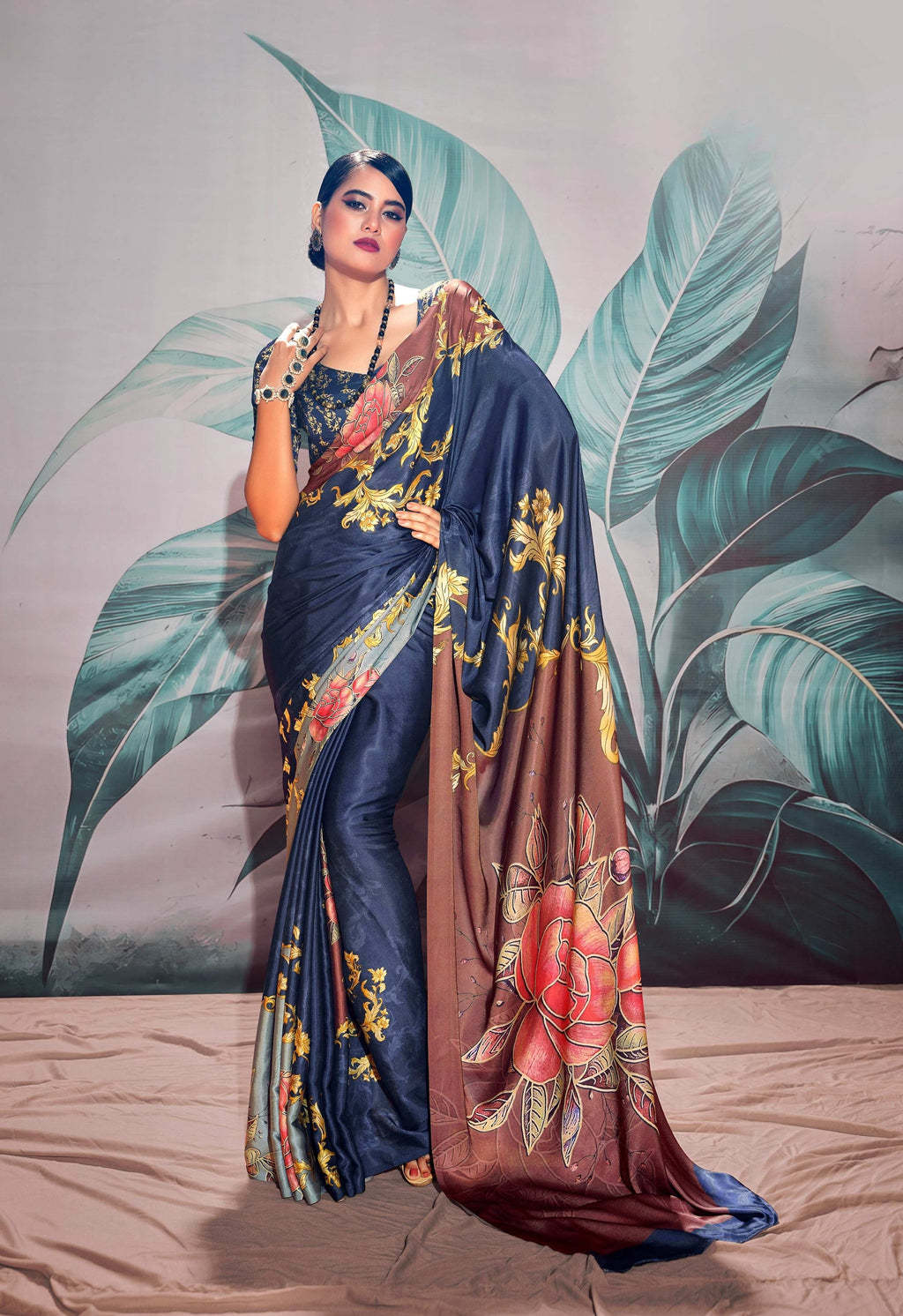 Anaita Navy Blue Pure Satin Silk With Zari Weaving Saree With Blouse - Distacart
