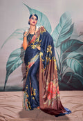 Anaita Navy Blue Pure Satin Silk With Zari Weaving Saree With Blouse - Distacart