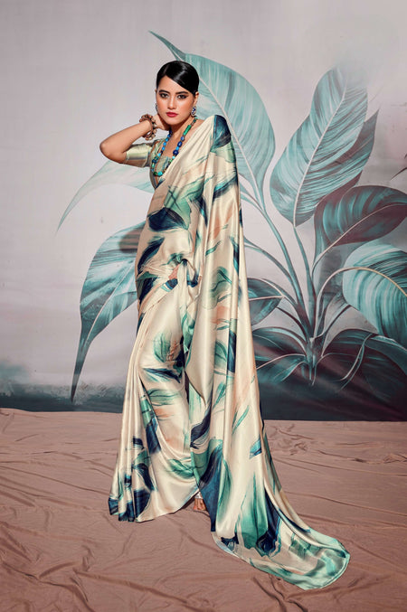 Anaita Off White Pure Satin Silk With Zari Weaving Saree With Blouse