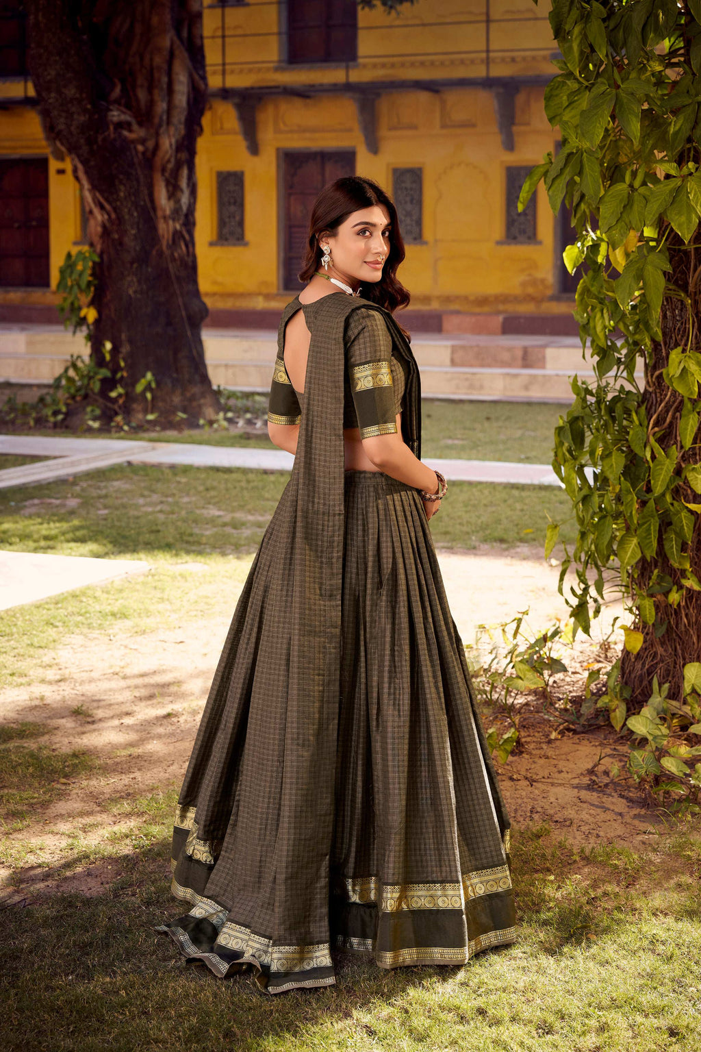 Evanik Grey Cotton With Chex Zari Weaving Lehenga Choli - Distacart