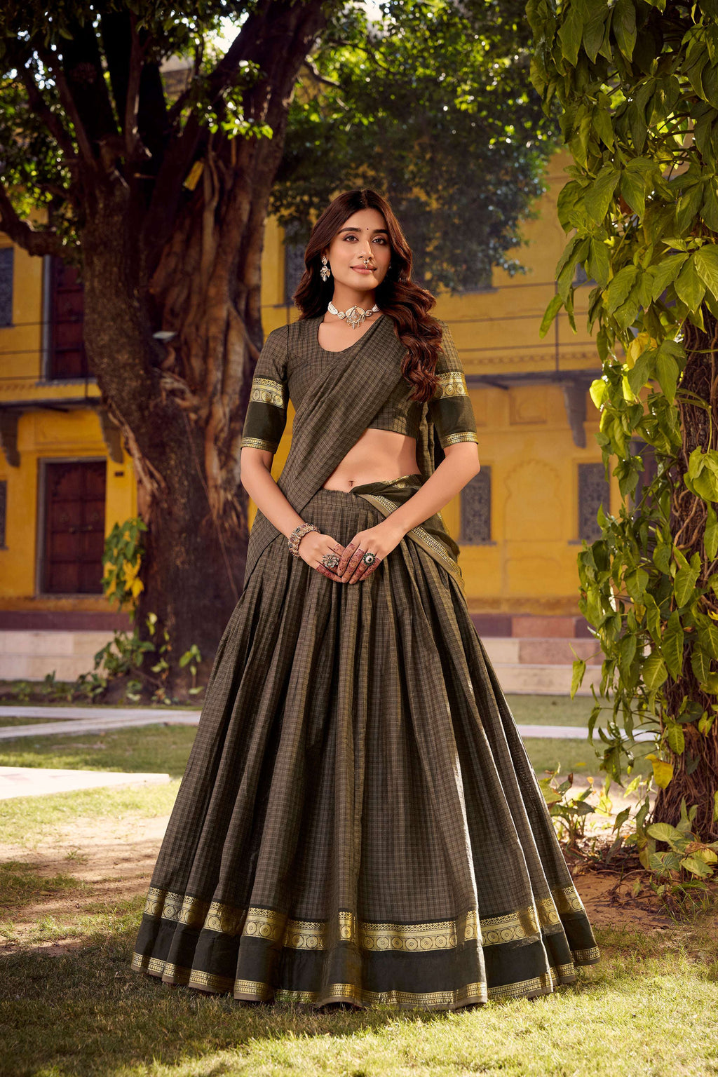 Evanik Grey Cotton With Chex Zari Weaving Lehenga Choli - Distacart