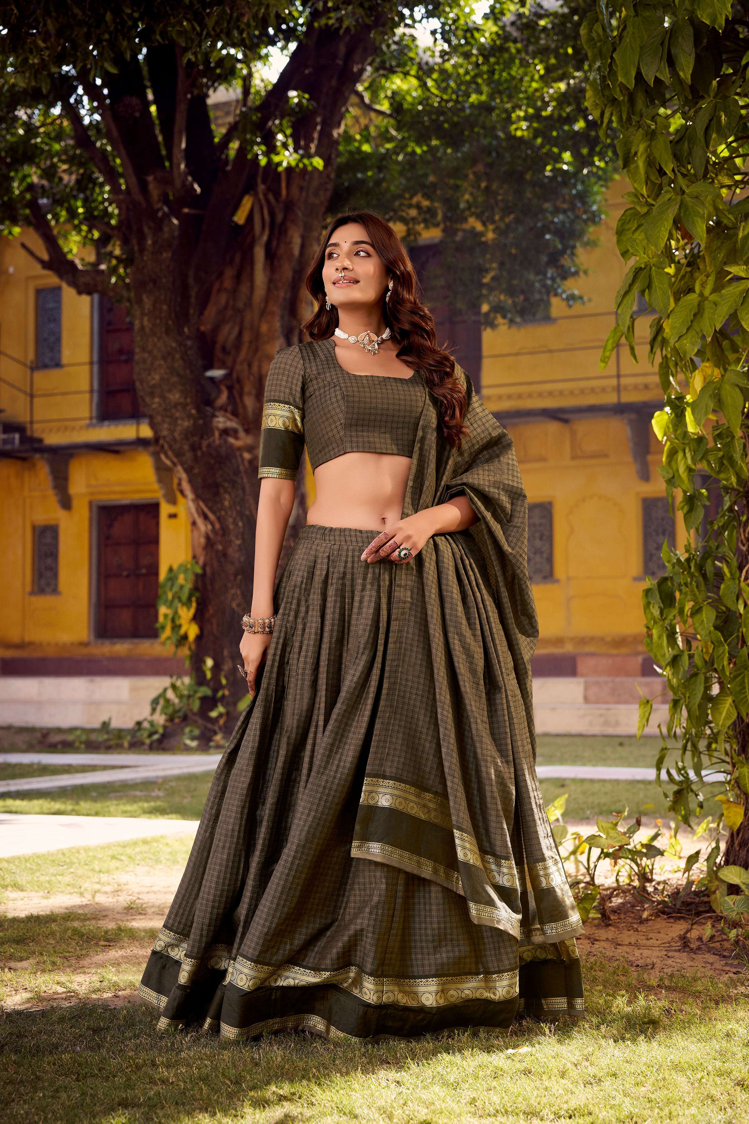 Evanik Grey Cotton With Chex Zari Weaving Lehenga Choli - Distacart