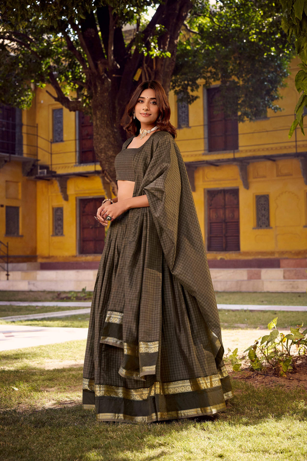 Evanik Grey Cotton With Chex Zari Weaving Lehenga Choli - Distacart